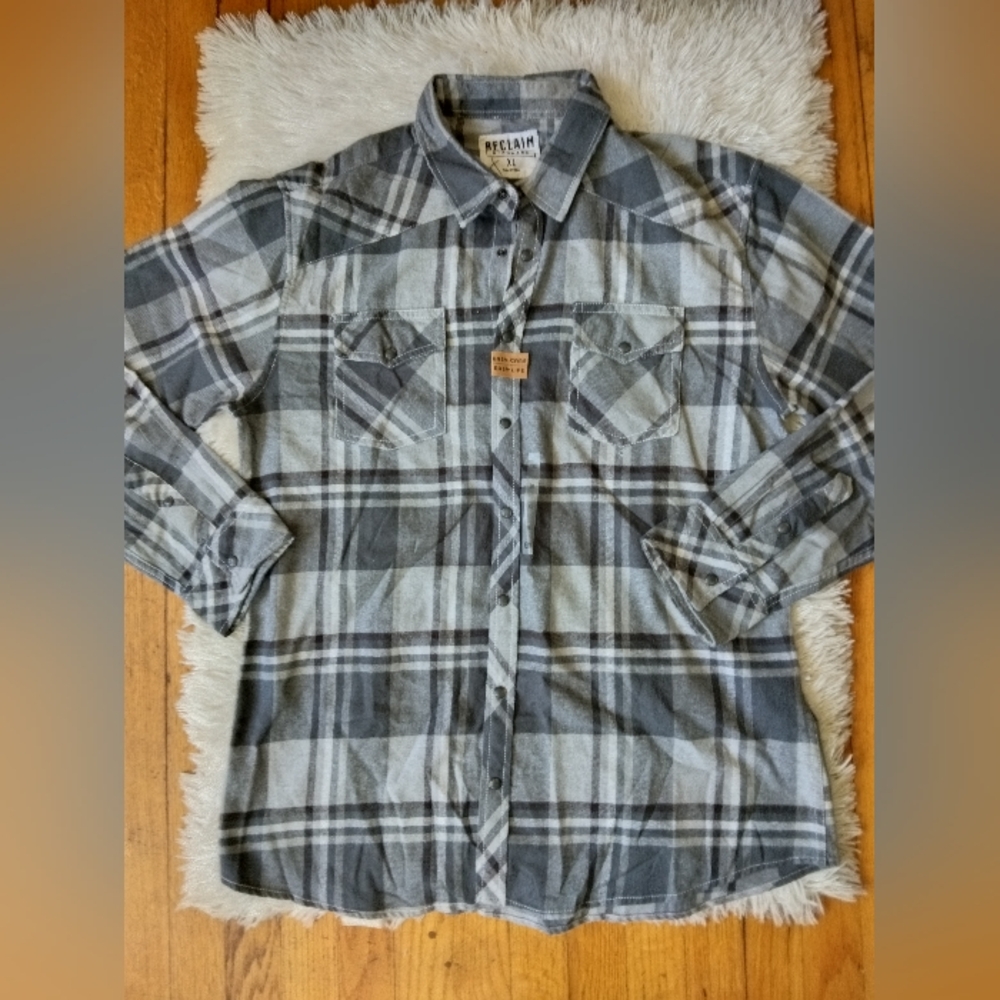Reclaim Standard mens plaid button down casual work shirt, size XL